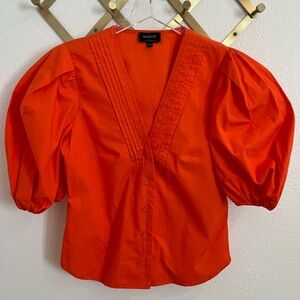 Bardot Puff Sleeve Pleated Neckline Top Red Orange Large Cotton
